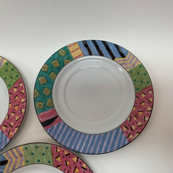 Farberware by Retroneu AKU 202 Saucer Plates White Multi-color Geometric Border - Picture 4 of 6